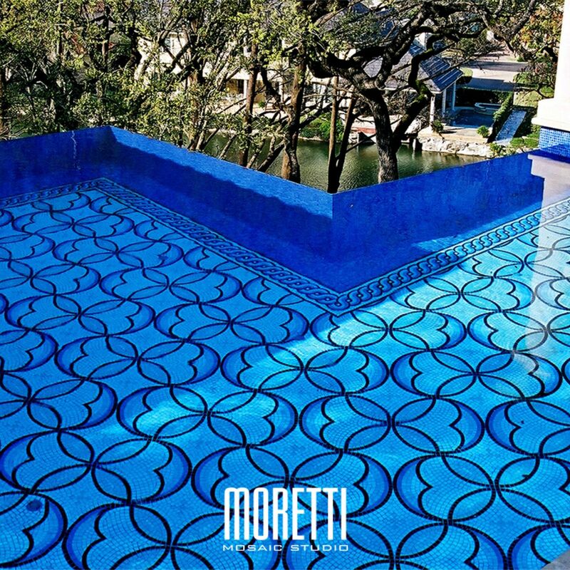 All glass tile pool with custom hand made design.