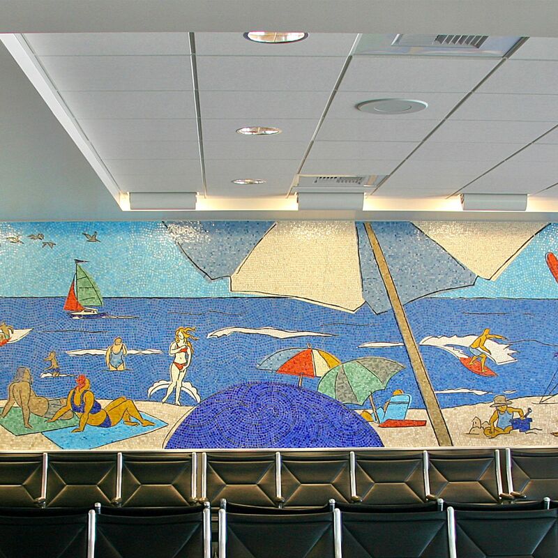 -  Glass and marble mosaic mural.
Artistic concept by Tracy Sabin, Terminal 1 Gates 1&2.