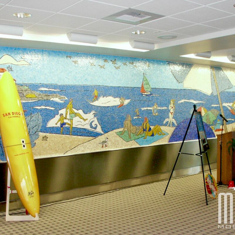 -  Glass and marble mosaic mural.
Artistic concept by Tracy Sabin, Terminal 1 Gates 1&2.