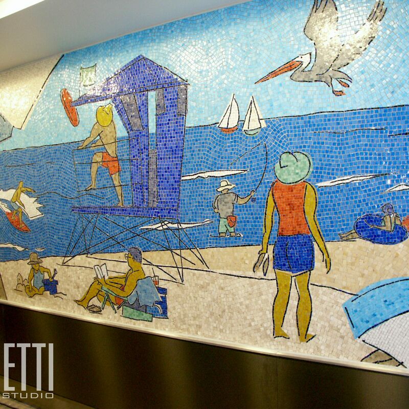 -  Glass and marble mosaic mural.
Artistic concept by Tracy Sabin, Terminal 1 Gates 1&2.