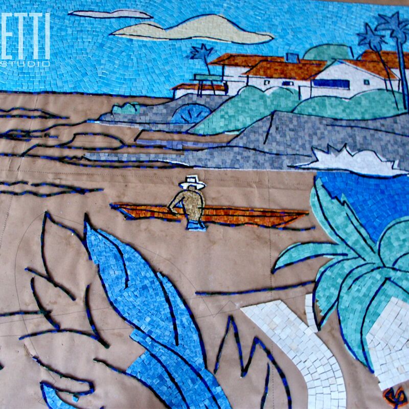 -  Glass and marble mosaic mural in process.