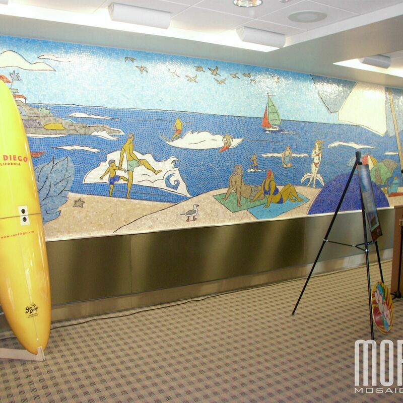 -  Glass and marble mosaic mural.
Artistic concept by Tracy Sabin, Terminal 1 Gates 1&2.