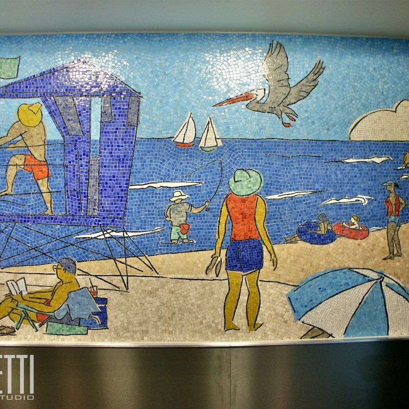 -  Glass and marble mosaic mural.
Artistic concept by Tracy Sabin, Terminal 1 Gates 1&2.