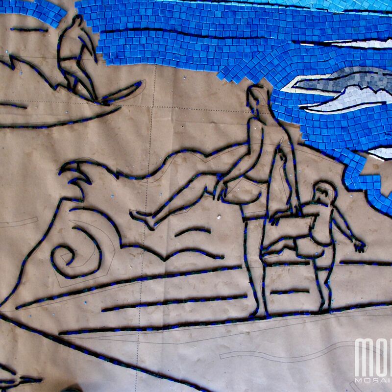 -  Glass and marble mosaic mural in process.