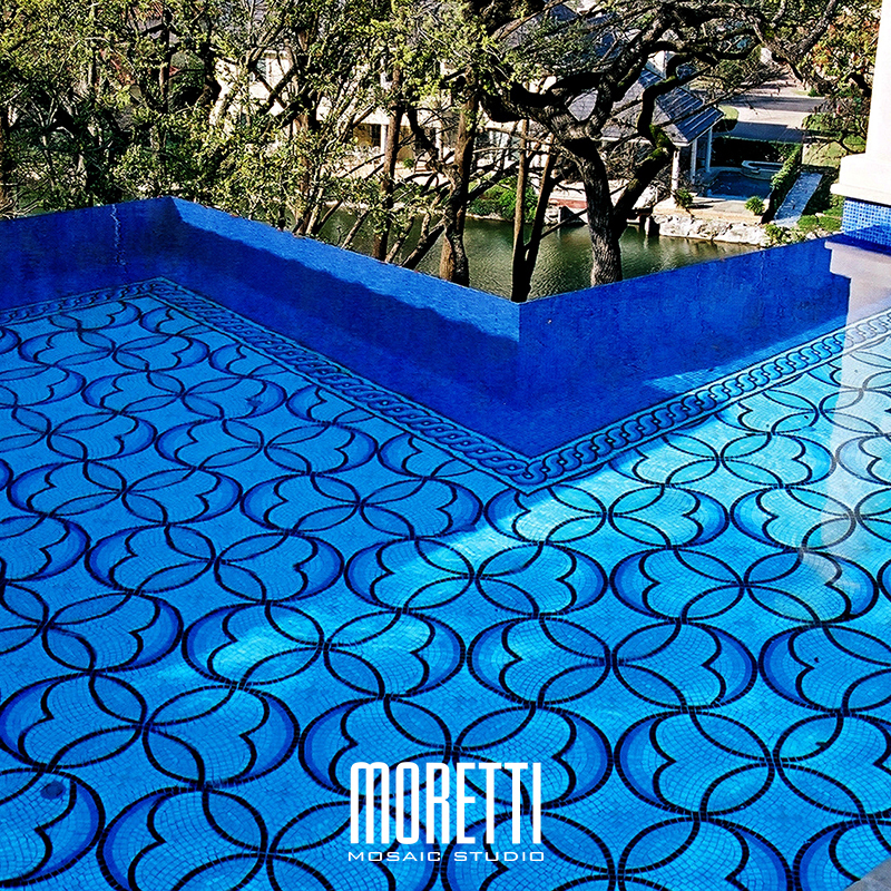 All glass tile pool with custom hand made design.