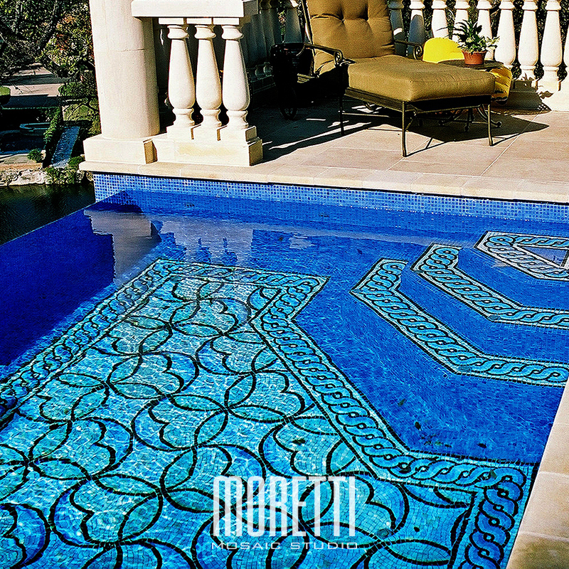 All glass tile pool with custom hand made design.