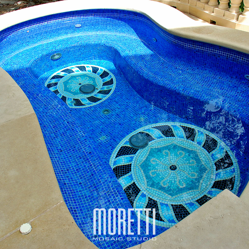 All glass tile pool with custom hand made design.