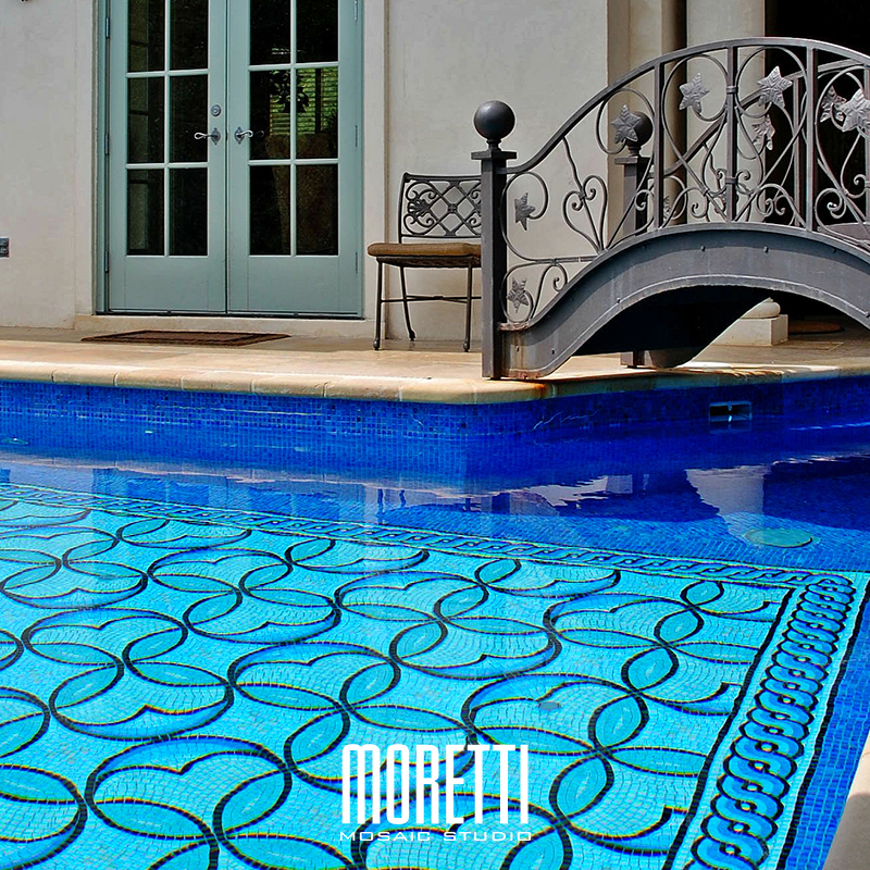 All glass tile pool with custom hand made design.