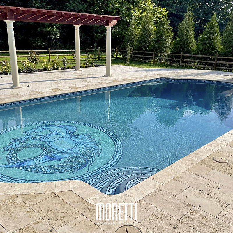 Custom handmade medallion inserted in plaster and custom Greek key waterline.